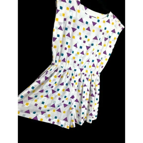 Vintage 80s Lightweight White Geometric Multicolor Cotton Handmade Romper Shorts - Picture 2 of 4